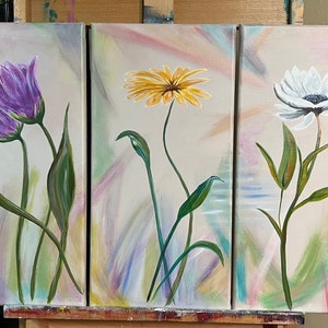 Tableau acrylique triptyque floral (3 pièces)