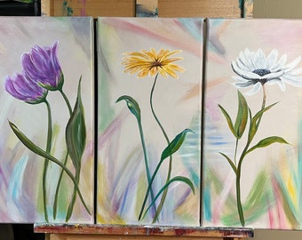 Floral Triptych Acrylic Painting (3 piece)