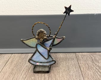 Vintage Stained Glass Angel Figurine Holding a Star Christian Decor with Gold Accents.