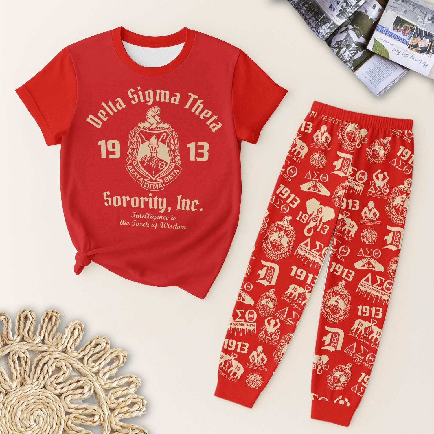 DST T-Shirt Pajamas Set, Red Sorority Shirt, Women Set of Pajamas, Greek Life Nightwear