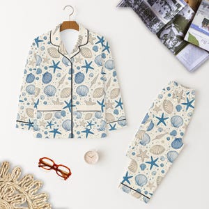 Seashell Starfish Pajama Set, Ocean Pattern Shirt, Tropical Loungewear, Summer Beach PJs, Coastal Nightwear, Holiday Matching