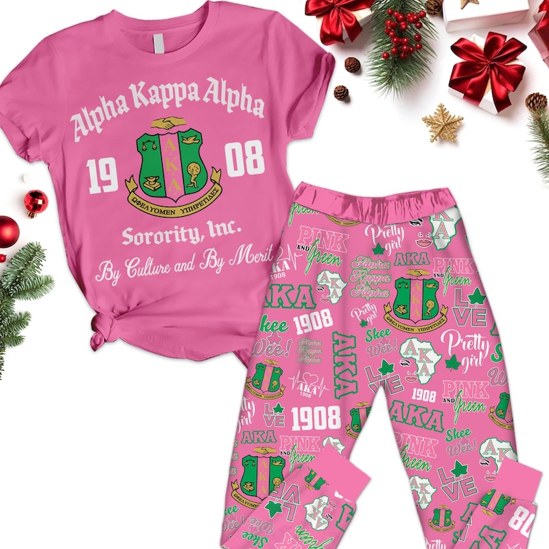 Alpha Kappa Alpha T-shirt Pants Pajamas Set, 1908 Sorority Shirt, Pink and Green Pajamas Set for women, Divine nine gift