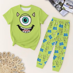 Green One Eyed Monster Pajama Set, Big Eyeball Character Face T Shirt And Pants Pajamas, Fun Cartoon Homewear, Cute Monster Sleepwear