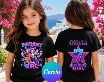 Puede incluir: Dos camisetas negras con temática de cumpleaños. La parte delantera de la camiseta tiene las palabras "BIRTHDAY GIRL" y un gráfico de tres chicas frente a una estrella. La parte trasera de la camiseta tiene el nombre "Olivia" y el número "7".