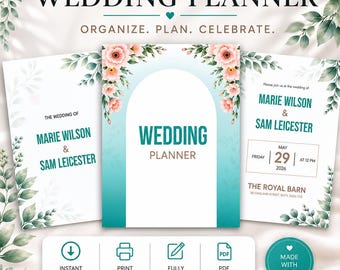 Puede incluir: Un planificador de bodas con un diseño turquesa y blanco. El planificador incluye el texto "WEDDING PLANNER" y "ORGANIZE. PLAN. CELEBRATE." El planificador también incluye los nombres "MARIE WILSON & SAM LEICESTER" y detalles de la boda.