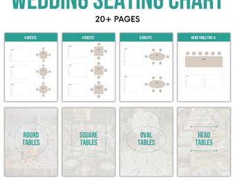 Puede incluir: Un plano de asientos de boda imprimible con varios diseños de mesas para diferentes cantidades de invitados. El gráfico incluye opciones para mesas redondas, cuadradas, ovaladas y principales, con el texto "WEDDING SEATING CHART" y "PRINTABLE".