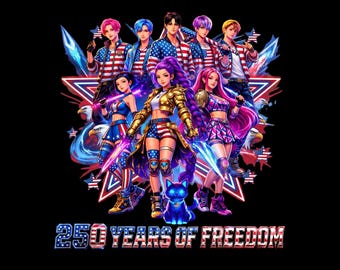 Puede incluir: Ilustración digital de un grupo de personas con atuendos patrióticos, sosteniendo armas y banderas, con el texto "INSTANT DOWNLOAD" en la parte superior y "250 YEARS OF FREEDOM" en la inferior. El fondo es negro.