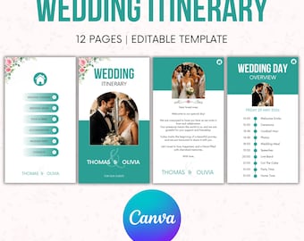 Puede incluir: Una plantilla de itinerario de boda en color turquesa y blanco con el texto "WEDDING ITINERARY" y "12 PAGES | EDITABLE TEMPLATE". La plantilla incluye páginas para la descripción general de la boda, el lugar, la comida y la bebida, y los contactos. El logotipo de Canva es visible.