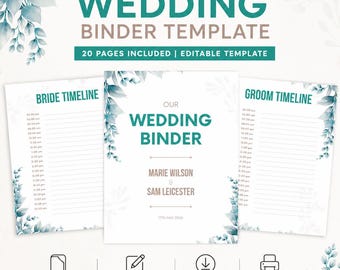 Puede incluir: Una plantilla de carpeta de boda con un diseño floral en verde azulado y blanco. La carpeta incluye una línea de tiempo de la novia, una línea de tiempo del novio y una página central que dice "Our Wedding Binder". La plantilla incluye 20 páginas y es totalmente editable.