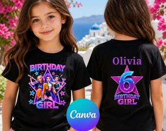 Puede incluir: Camisetas negras con gráficos de cumpleaños. Una camiseta presenta el texto "BIRTHDAY GIRL" y un gráfico de tres chicas. La otra camiseta tiene el nombre "Olivia" y un gráfico "6". Las camisetas son para uso comercial y son editables.