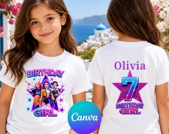 Puede incluir: Camiseta blanca con un gráfico colorido que presenta a tres chicas de dibujos animados, el texto "BIRTHDAY GIRL" y un diseño de estrella. La parte posterior de la camiseta muestra el nombre "Olivia" y el número "7" dentro de una estrella. También incluye el texto "PERSONAL USE" y "EDITABLE".