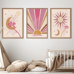 Celestial Nursery Wall Print, Original Contemporary Print, Sky and Stars Nursery Art, Sun Wall Decor, Moon, Stars and Sun Print, Set of 3