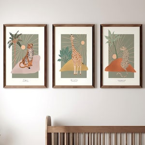 Dschungel-Kinderzimmer-Wandkunst, moderner Druck, tropische Safari-Kinderzimmer, Tierwanddekor, Giraffen-, Tiger- und Leopardenmuster, grün, 3er-Set