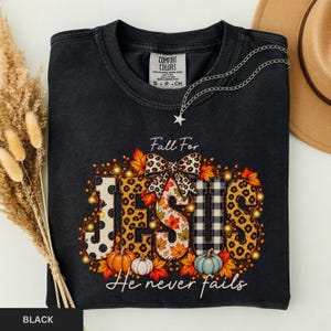 Comfort Colors® Christian Shirt, Fall for Jesus Patchwork Bow and Pumpkins
