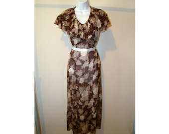 Vintage Brown 1930's Dress Floral Print 30s Gown Ruffled Collar XS