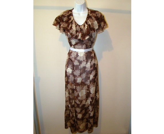 Vintage Brown 1930's Dress Floral Print 30s Gown R
