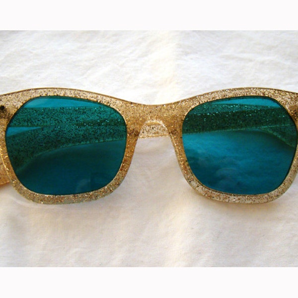 Gold Glitter 1950's Sunglasses with Blue Lenses