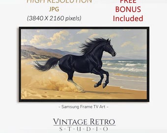 May include: A framed art print featuring a black horse galloping on a sandy beach with ocean waves in the background. The artwork has a vintage aesthetic, with text that reads "HIGH RESOLUTION JPG" and "FREE BONUS Included".