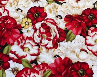 Fabric Destash -  Red and White Flowers, Music notes, Flowers - 1 Yard - Ready to Ship