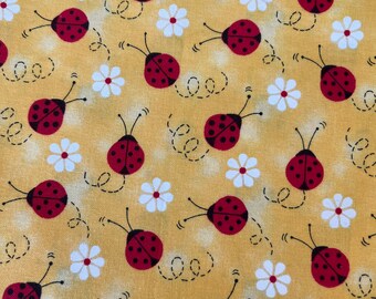 Fabric Destash -  Ladybugs, Bugs, Insects, White Flowers, Yellow - Ready to Ship