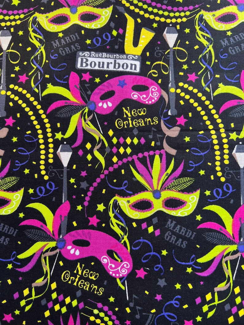 Fabric Destash New Orleans, Mardi Gras, Bourbon Street, Jazz, Masks. 21x42 Ready to Ship image 1