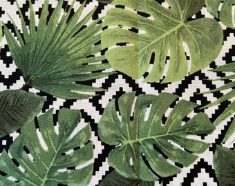 Fabric Destash -  Leaf, Leaves, Green Leaves, Leaves on Black & White - 1 Yard - Ready to Ship