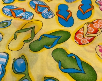 Fabric Destash -  2 pcs - Flip Flops on Yellow - 2 pieces 21x42 and 27x42 -  Ready to Ship