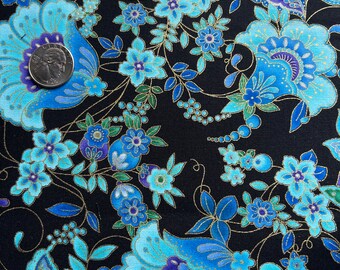 Fabric Destash -  Black and Blue Paisley, Floral -  1 yard  - Ready to Ship