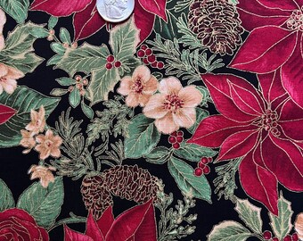 Fabric Destash -  Poinsettia Flowers, Christmas, Red Flowers, Pine Cones - 1 Yard - Ready to Ship