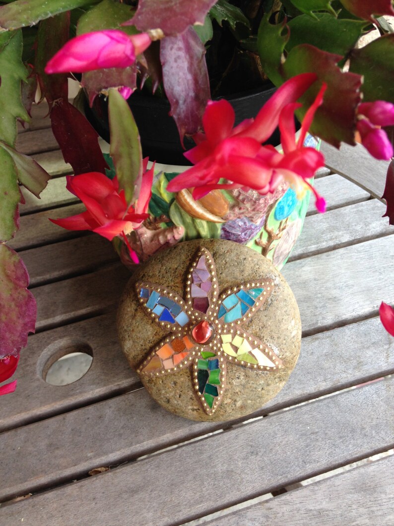 Mosaic Flower Rock Paperweight Garden Stone Etsy