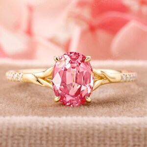 Pink Sapphire Lab Created Padparadscha Engagement Ring Moissanite Oval Cut 8*6MM 925 Sterling Silver Anniversary Promise Ring Gift for Women