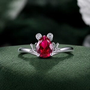 Pear cut Lab Grown Ruby Ring Vintage Handmade Moissanite Statement Ring 14k Gold Frog Ring with Ruby Custom Bespoke Jewelry Gifts