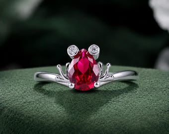 Birnenförmiger, im Labor gezüchteter Rubinring, Vintage-Stil, handgefertigter Moissanit-Statement-Ring, 14-karätiger Gold-Froschring mit Rubin, individuelle Schmuckgeschenke