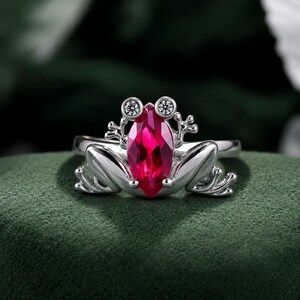 Marquise cut Lab Grown Ruby Ring Vintage Handmade Moissanite Statement Ring 14k Gold Frog Ring with Ruby Gold Ring for Friend Halloween Gift
