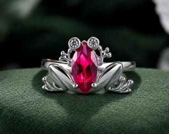 Marquise cut Lab Pulled Rubin Ring Vintage Handgemachter Moissanite Statement Ring 14k Gold Froschring mit Rubin Goldring für Freund Halloween Geschenk