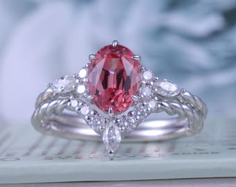 Oval cut lab grown Padparadscha Promise Ring set Dainty Pink Sapphire Engagement ring Silver Wedding ring for women Anniversary gift for her