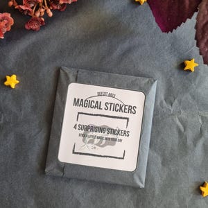 Könnte beinhalten: Ein graues Papierpaket mit "Magical Stickers", dem Text "4 Surprising Stickers" und "Stick a little magic into your day". Der Hintergrund ist dunkelgrau mit gelben sternförmigen Dekorationen und getrockneten Blumen.