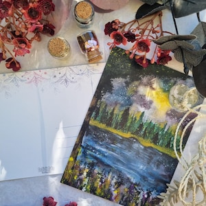 Postkarte Traumlandschaft in A6, nach meinem Original, Grußkarte Aquarell, Kleine Aufmerksamkeit, Geburtstagskarte, Landschaftsbild, Blumen