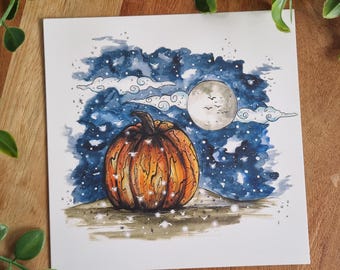 XL Postcard "Me, the Moon and my Pumpkin" | Halloween Card | Pumpkin and Moon Illustration | whimsical Postcard for the spooky Season