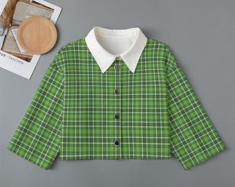 Green Gingham Plaid Cropped Jacket- Vintage Retro Mid Century Short Jacket- 1970s 1960s Ladies MCM Suit Jacket