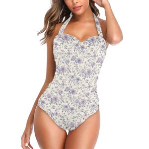 Purple Toile De Jouy Tankini, Vintage Violet Designer Tankini, Mid Century Modern Retro Vintage Halter High Waist Set, 60s Swimwear MCM