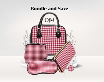 Rotes Hahnentrittmuster Handtasche Bundle, Portemonnaie, Geldbörse, Brillenetui und Schlüsselring - Geschenkset mit Hahnentrittmuster
