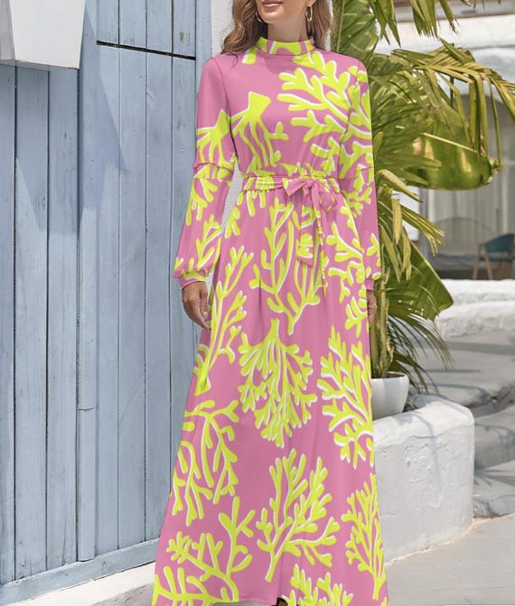 Palm Beach Coral Dress, Pink Yellow Coral Over Dress, High Neck Tropical Dress, 50s Style, 60s Style Dress, Vintage Dress MCM Long Dress Palm Beach Coral Dress, Pink Yellow Coral Over Dress, High Neck Tropical Dress, 50s Style, 60s Style Dress, Vintage Dress MCM Long Dress