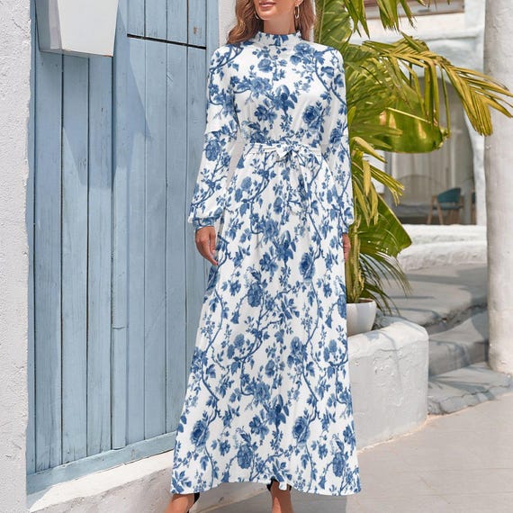 Blue White Flower Dress Toile De Jouy Over Dress High Neck Chinoiserie Dress 50s Style 60s Style Dress Vintage Dress MCM Long Dress Etsy