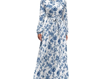Blue White Flower Dress, Toile De Jouy Over Dress, High Neck Chinoiserie  Dress, 50s Style, 60s Style Dress, Vintage Dress MCM Long Dress - Etsy