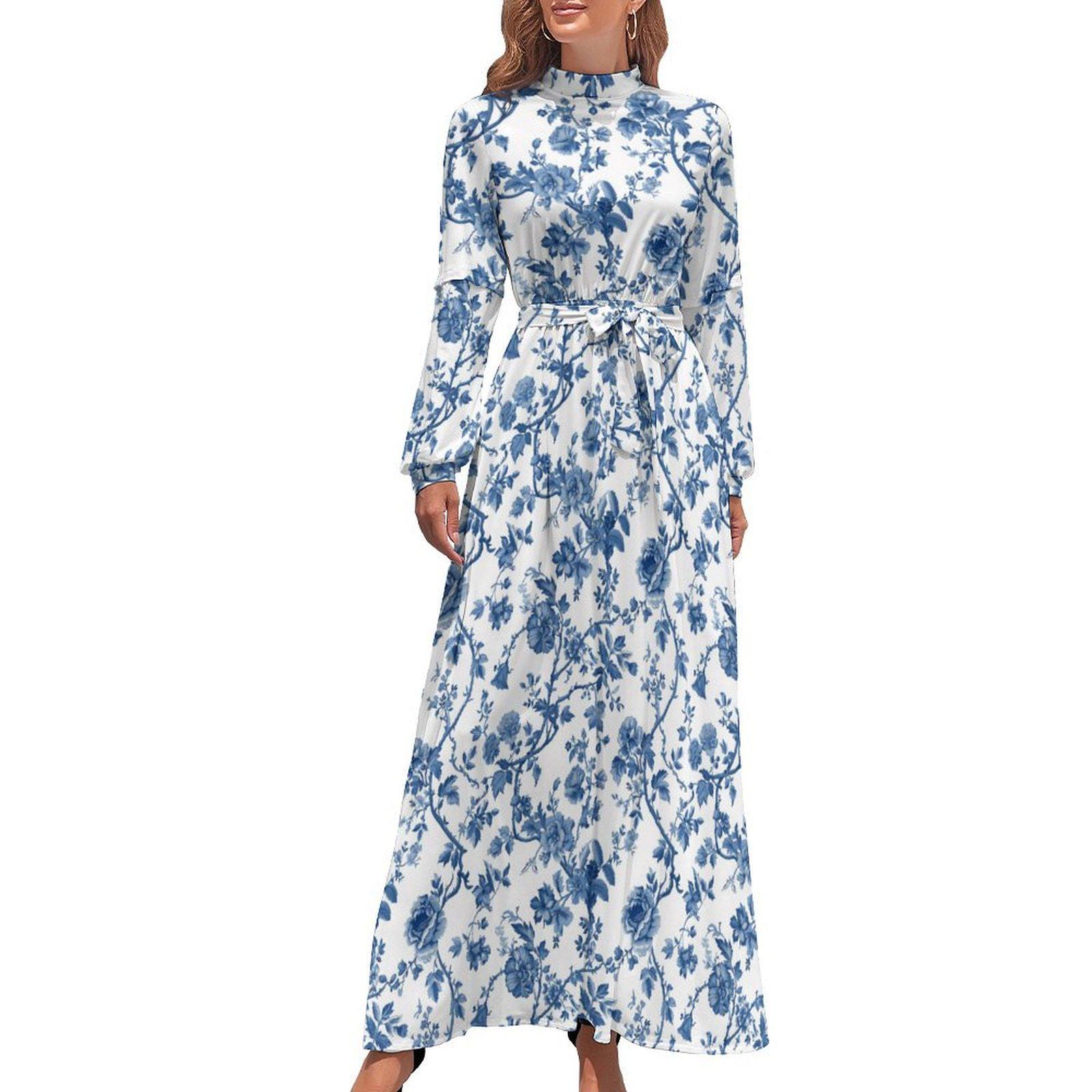 Blue White Flower Dress, Toile de Jouy Over Dress, High Neck Chinoiserie Dress, 50s Style, 60s Style Dress, Vintage Dress MCM Long Dress
