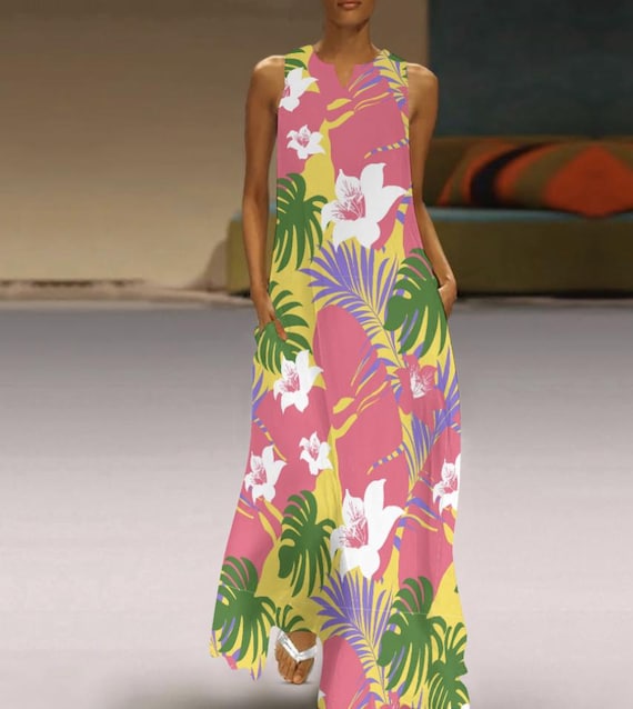 Palm Beach Hawaiian Style Long Flowing Dress, Color Block Dress, 50s Style, 60s Style Dress, Vintage Dress, MCM, Maxi Dress, Retro Dress