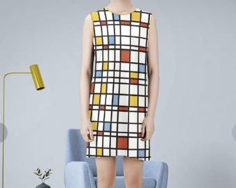 1960s Mondrian Abstract Shift Dress -Groovy Red, Yellow, and Blue  Mid Mod Mini Dress, 1960 MCM Geo Design Sleeveless Dress