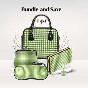 May include: A set of four green and white houndstooth patterned bags, including a handbag, a wallet, a clutch, and a sleep mask. The handbag has a black handle and the text "DJM" on the front. The text "Bundle and Save" is at the top of the image.