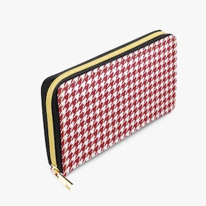 Retro Rotes Hahnentritt Portemonnaie - Vegan Leder 1950s Design Clutch - MCM Geldbörse